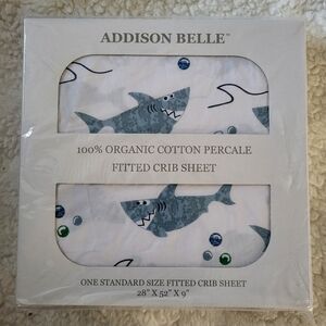 ADDISON BELLE 100% Organic Cotton Percale Fitted Crib Sheet Shark Pattern NEW